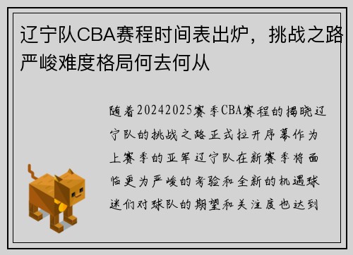 辽宁队CBA赛程时间表出炉，挑战之路严峻难度格局何去何从