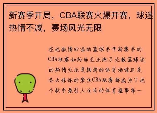 新赛季开局，CBA联赛火爆开赛，球迷热情不减，赛场风光无限